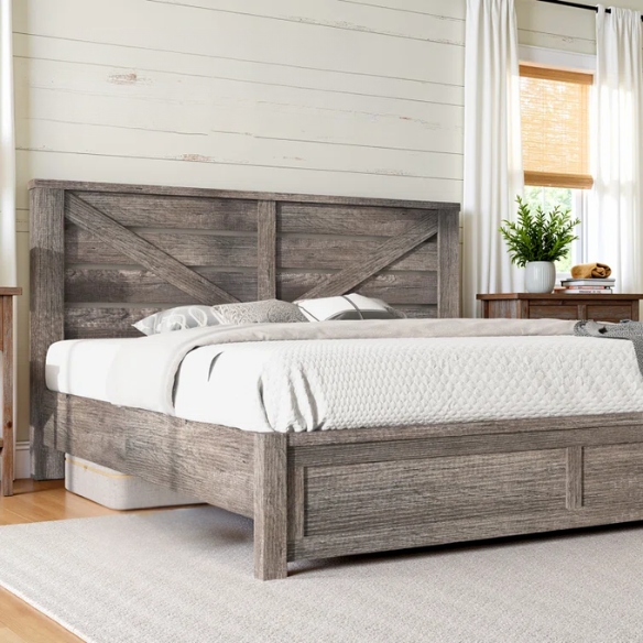 Farmhouse Classic Bed Frame with 49.2" Barn Door-Inspired Headboard, Ample Under-Bed Storage, Sturdy Metal Frame, and Silent Cotton Padding for Peaceful Sleep