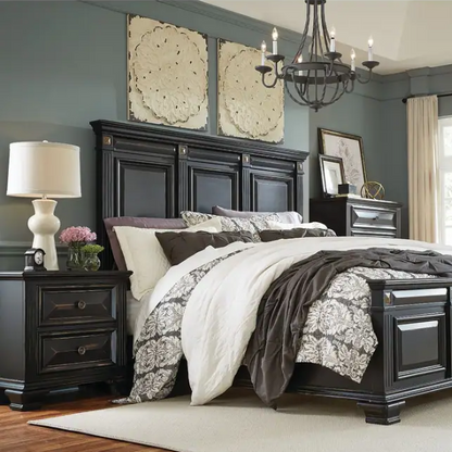 Timeless Vintage Black Wood 6-Piece Traditional Bedroom Set with Double-Panel Bed, Silvertone Accents, and Fluted Pilasters