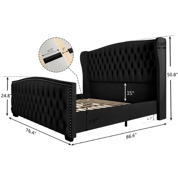 Luxurious King Size Velvet Upholstered Platform Bed Frame with Wingback Headboard – Handmade Button Tufting, Nailhead Detailing, Sturdy Construction, and No Box Spring Needed