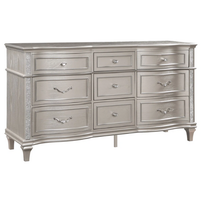 5-Piece Queen Bedroom Set with Silver Oak Finish, LED Lighting, Crystal Accents, and Built-In Storage – Includes Bed, Nightstand, Dresser, Mirror, and Chest