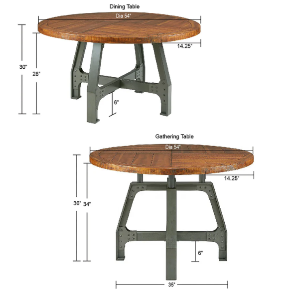 Round Dining/Gathering Table - Amber & Graphite, Solid Wood Planks with Industrial-Inspired Design, Adjustable Height for Family Gatherings