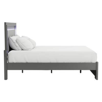 Contemporary 6-Piece Queen Bedroom Set in Solid Grey with LED-Illuminated Headboard, Textured Panels, and Eco-Friendly Rubberwood Construction
