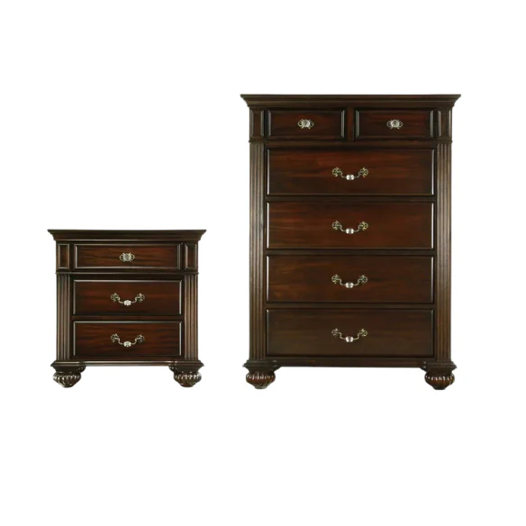 Elegant Traditional 4-Piece Walnut Wood Poster Bedroom Set with Floral Carved Headboard and Fluted Detailing