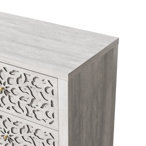 Boho-Inspired 45.4" 6-Drawer Dresser with Distressed Finish and Openwork Floral Details