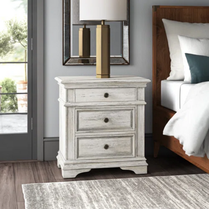 3-Piece Rustic Upholstered Panel Queen Bedroom Set in Driftwood Grey or Rustic Ivory – Includes Nightstand, Double Dresser with Mirror, and Button-Tufted Bed with Nailhead Trim