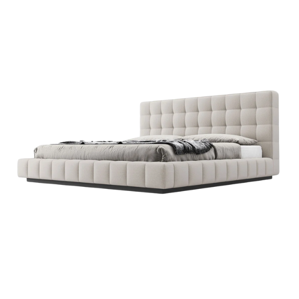 Upholstered Platform Bed with Square-Tufted Headboard, Basketweave Design, and Solid Eucalyptus Wood Frame – No Box Spring Needed