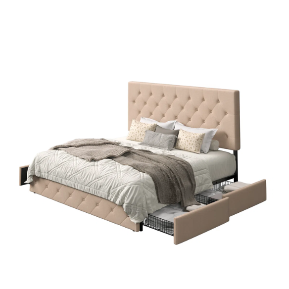 King Size Upholstered Platform Storage Bed with Spacious Drawers, Quiet Structure, and Sleek Minimalist Design