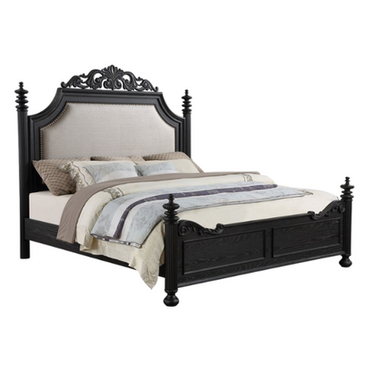 3-Piece Black Modern Contemporary Solid Wood & Veneers Fabric Upholstered Bedroom Set – Sleek, Sturdy Design with Luxurious Comfort