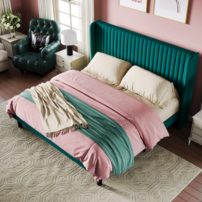 Luxurious King Size Upholstered Velvet Platform Bed with Modern Wingback Headboard – Heavy-Duty Steel Frame, No Box Spring Needed, and Ample Under-Bed Storage