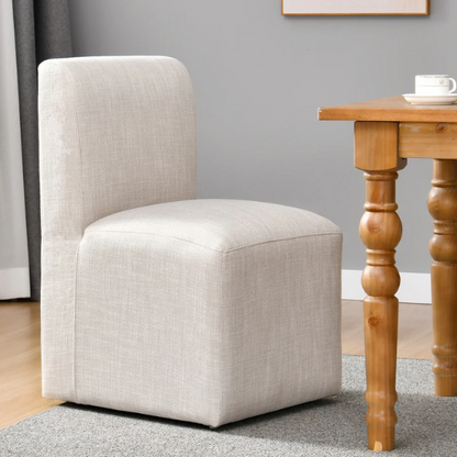Neutral Beige Linen Upholstered Rolling Dining Chair with Casters – Comfortable Accent Seating