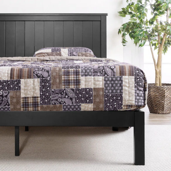 Modern Farmhouse King Size Solid Wood Platform Bed with Slat-Style Headboard and Matte Black Finish