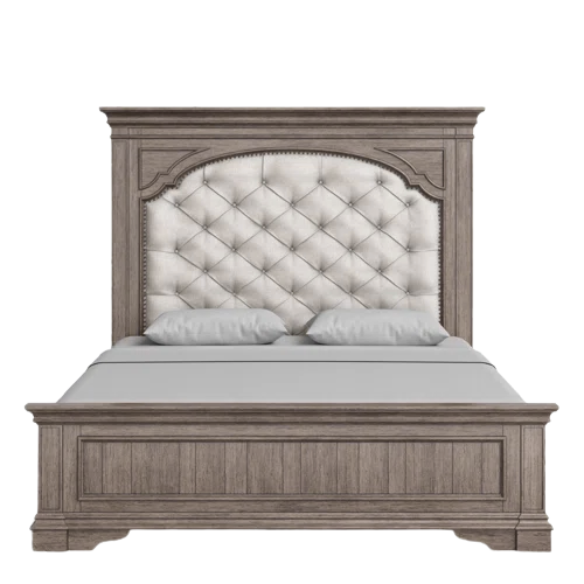 3-Piece Rustic Upholstered Panel Queen Bedroom Set in Driftwood Grey or Rustic Ivory – Includes Nightstand, Double Dresser with Mirror, and Button-Tufted Bed with Nailhead Trim