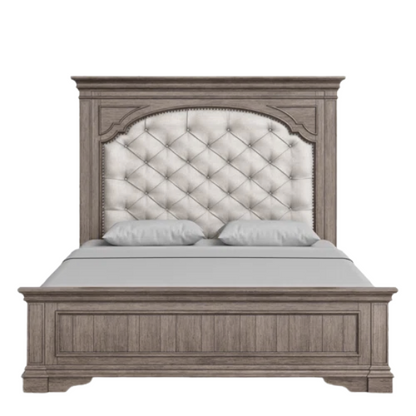 3-Piece Rustic Upholstered Panel Queen Bedroom Set in Driftwood Grey or Rustic Ivory – Includes Nightstand, Double Dresser with Mirror, and Button-Tufted Bed with Nailhead Trim