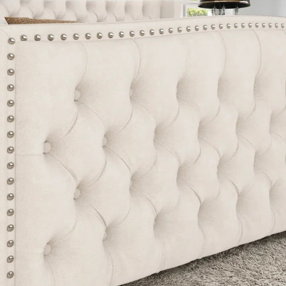 Velvet Queen Size Bed with Button Tufted Upholstery, Nailhead Trim, and Wingback Headboard