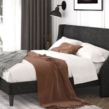Luxurious King Size Upholstered Platform Bed with Deluxe Wingback Headboard – Soft Velvet and Linen Blend Upholstery, Sturdy Solid Wood Frame, and Modern Minimalist Design for Ultimate Comfort
