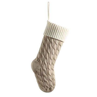 Taupe & White Knitted Christmas Stocking – Cable Knit Holiday Gift Bag with Soft Lining