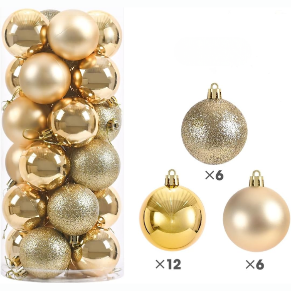 Gold Christmas Ball Ornaments – 24-Piece Set, Shatterproof Holiday Decorations (Available in 3 cm, 4 cm, and 6 cm)