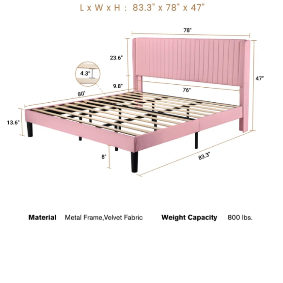 King Size Upholstered Platform Bed with Wingback Headboard – Simple, Elegant Design, Sturdy Wooden Slats, No Box Spring Needed for a Luxurious Sleep Experience