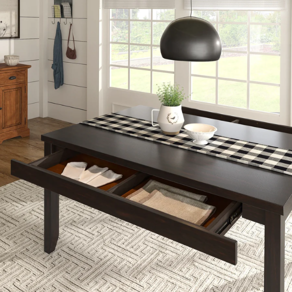 Solid Wood Rectangular Dining Table with Two Drawers – Distressed Finish, Rubberwood Construction, and Organized Storage