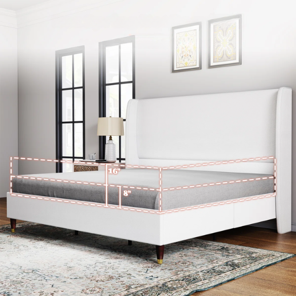 King Size Upholstered Platform Bed with Wingback Design, Foam-Padded Linen Headboard, and Steel Reinforced Frame