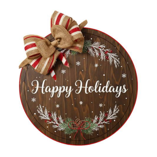 Happy Holidays Wooden Wall Sign with Pine & Burlap Bow