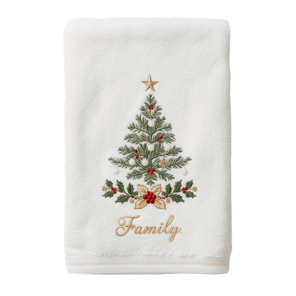 Off-White Cotton Hand Towel with Embroidered Christmas Tree and Family Design