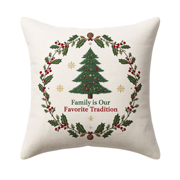 Seasonal Family is Our Favorite Tradition Embroidered  Throw Pillow