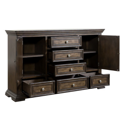 4-Piece Panel Bed, Dresser, Mirror & Nightstand Set with Antique Pewter Accents and Charging Station – Distressed Whitestone Finish, Rubberwood Solids, and Architectural Det