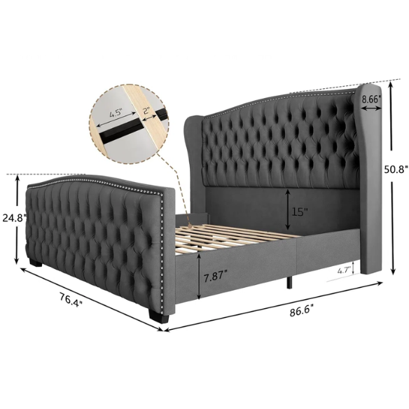 Luxurious King Size Velvet Upholstered Platform Bed Frame with Wingback Headboard – Handmade Button Tufting, Nailhead Detailing, Sturdy Construction, and No Box Spring Needed