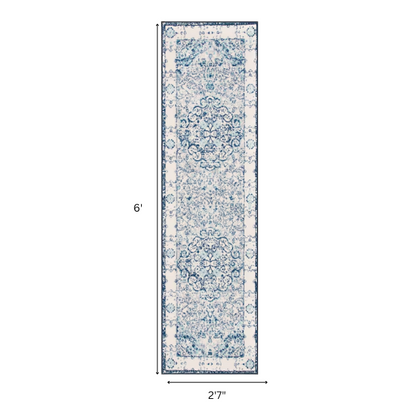 Distressed Oriental-Inspired Indoor Rug – Blue and White Medallion Pattern, Stain-Resistant, Fade-Resistant, Perfect for Traditional & French Country Décor