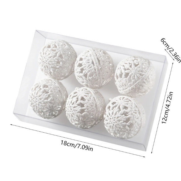Off-White Glitter Snowflake Christmas Ball Ornaments – Set of 6 Decorative Holiday Baubles