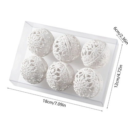 Off-White Glitter Snowflake Christmas Ball Ornaments – Set of 6 Decorative Holiday Baubles
