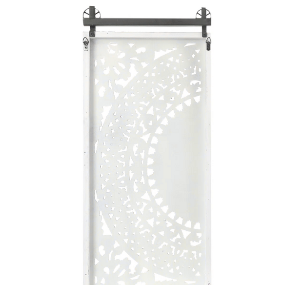 Boho Floral Wall Décor Set (Set of 2) – Hand-Carved Flower Medallion Panels with Modern Farmhouse Iron Bar Accent