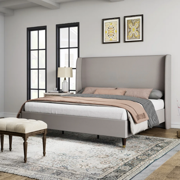 King Size Upholstered Platform Bed with Wingback Design, Foam-Padded Linen Headboard, and Steel Reinforced Frame