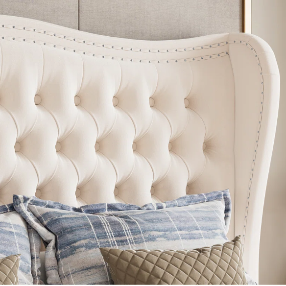 Gem-Tufted Queen Size Upholstered Wingback Bed with Curved Design