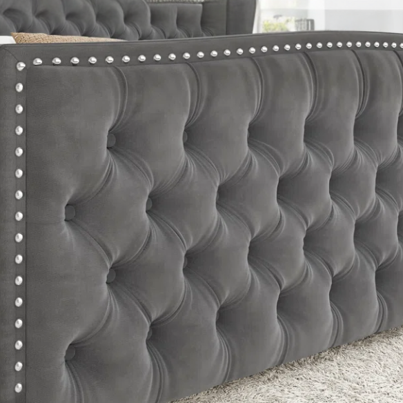Velvet Queen Size Bed with Button Tufted Upholstery, Nailhead Trim, and Wingback Headboard
