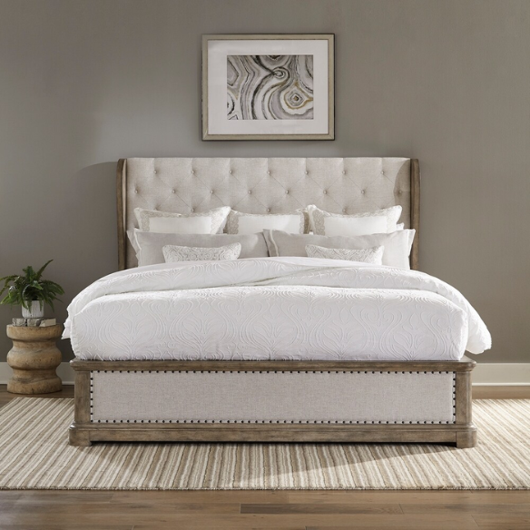 Timeless Elegance Barrigan 6-Piece King Panel Bed, Dresser, Mirror, Chest & Nightstand Set – Dusty Taupe Finish, Burnished Brass Accents, Full Extension Drawers, Cedar & Felt-Lined Drawers, Decorative Fretwork, and Built-in Charging Station