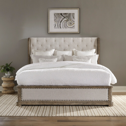 Timeless Elegance Barrigan 6-Piece King Panel Bed, Dresser, Mirror, Chest & Nightstand Set – Dusty Taupe Finish, Burnished Brass Accents, Full Extension Drawers, Cedar & Felt-Lined Drawers, Decorative Fretwork, and Built-in Charging Station