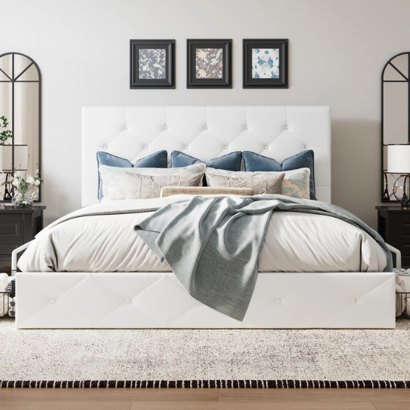 King Size Upholstered Platform Bed with Storage Drawers, Padded Headboard, and Sophisticated Button Tufting