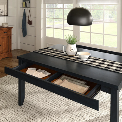 Solid Wood Rectangular Dining Table with Two Drawers – Distressed Finish, Rubberwood Construction, and Organized Storage