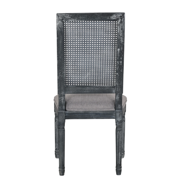 French Country Wood and Cane Upholstered Dining Chairs – Weathered Rubberwood Frame with Fluted Legs & Rectangular Cane Backrest