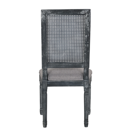 French Country Wood and Cane Upholstered Dining Chairs – Weathered Rubberwood Frame with Fluted Legs & Rectangular Cane Backrest