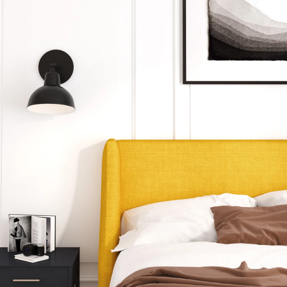 Modern Queen Size Upholstered Platform Bed with Deluxe Wingback and Linen Blend Fabric