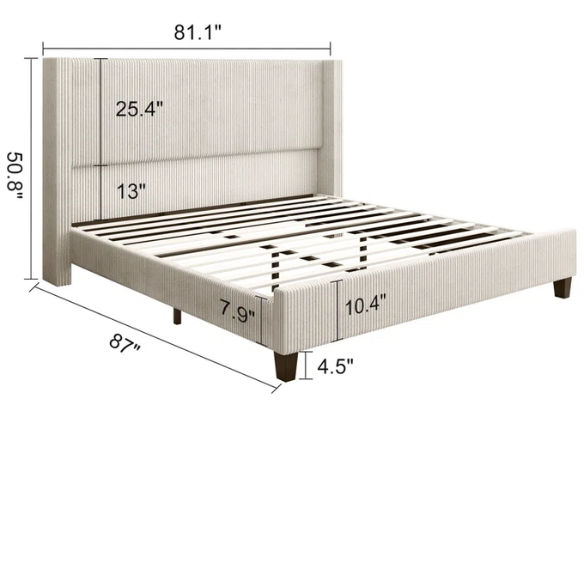 Modern King Size Corduroy Upholstered Bed with Wingback Design – Solid Wood and Metal Frame with Tapered Legs and Extra Cushioned Comfort