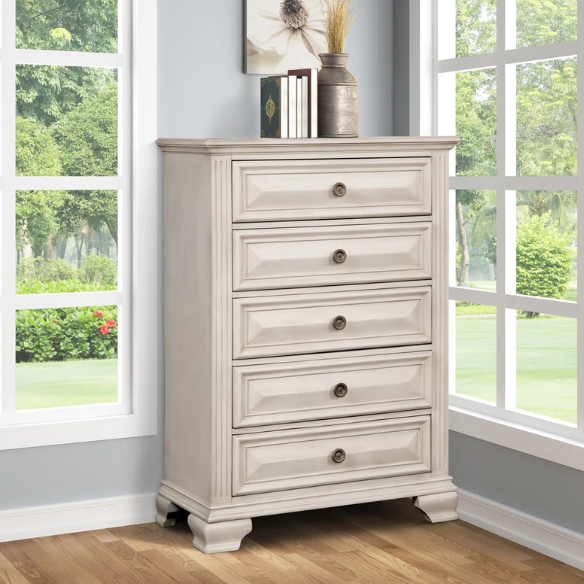 5-Piece King Bedroom Set – Solid Wood Construction with Muted Silver Accents, Fluted Pilasters, French Bracket Foot Bases, and Elegant Dovetail Drawer Detailing for Timeless Sophistication