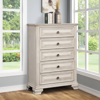 5-Piece King Bedroom Set – Solid Wood Construction with Muted Silver Accents, Fluted Pilasters, French Bracket Foot Bases, and Elegant Dovetail Drawer Detailing for Timeless Sophistication
