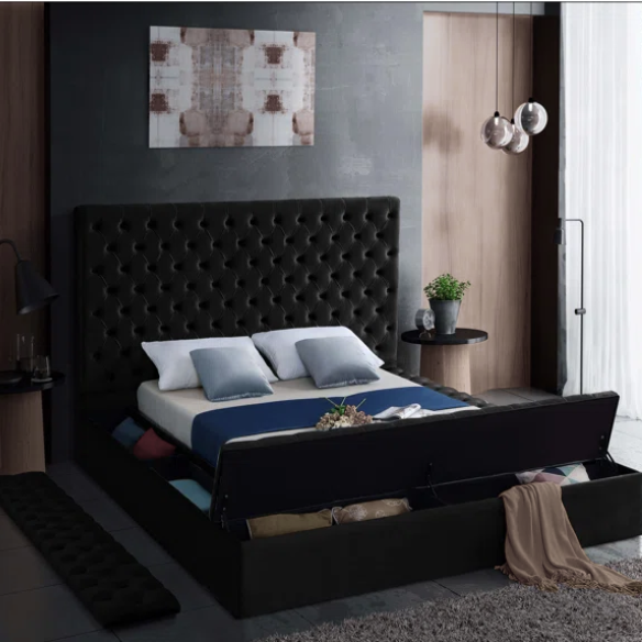 Elegant Velvet Upholstered King Size Platform Storage Bed with Tufted Headboard and Slats