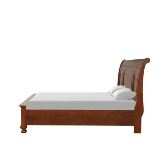 Cherry Brown King Size Platform Bedroom Set with Real Wood Veneers, Full Extension Footboard Storage Drawers, and Matching Large-Scale Dressers, Nightstands, and Mirror