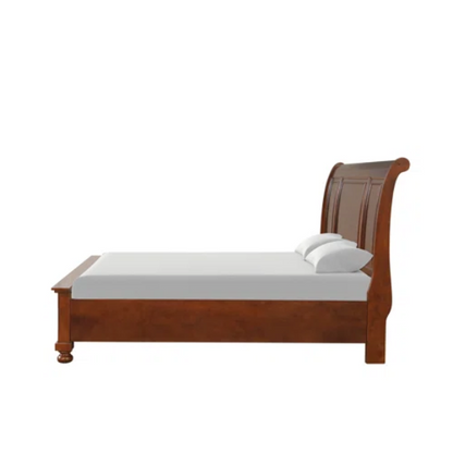Cherry Brown King Size Platform Bedroom Set with Real Wood Veneers, Full Extension Footboard Storage Drawers, and Matching Large-Scale Dressers, Nightstands, and Mirror