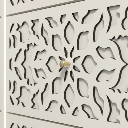 Boho-Inspired 45.4" 6-Drawer Dresser with Distressed Finish and Openwork Floral Details